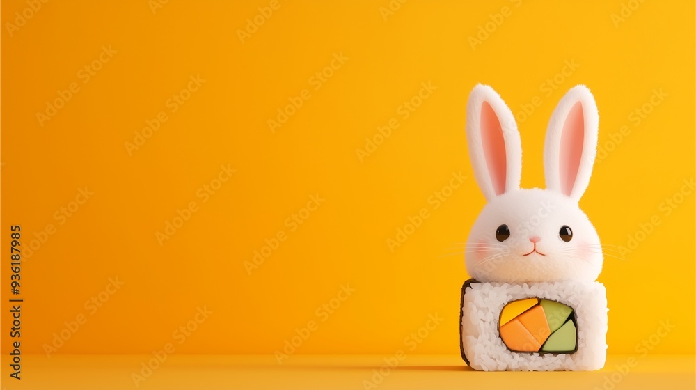 Obraz premium Sushi Rolls in the form of Cute Animals: White rabbit figurine with sushi roll on a vibrant orange background.