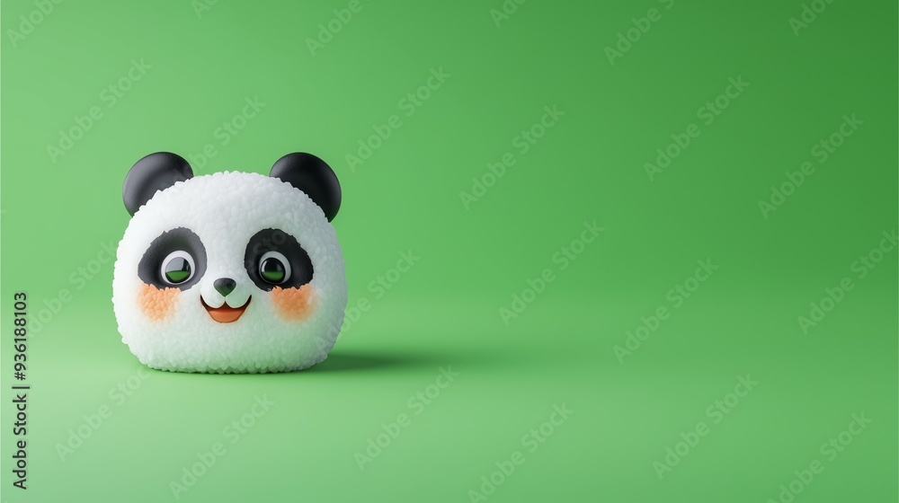 Fototapeta premium Sushi Rolls in the form of Cute Animals: Cute panda rice figurine with blushing cheeks on a green background.