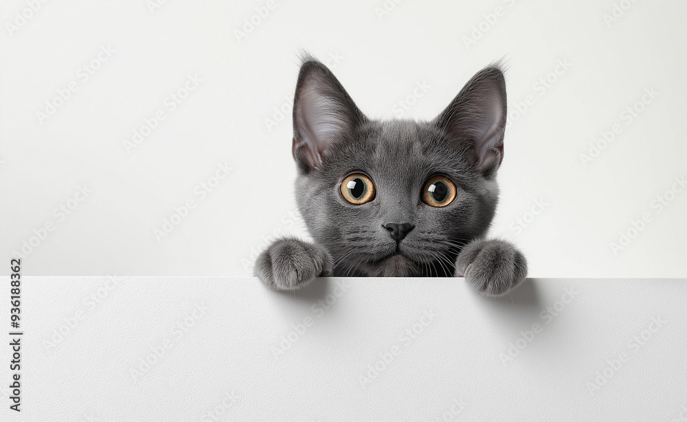 Gray kitten peeking over a white surface with big curious eyes. Gray kitten peeking over a white surface with big curious eyes.