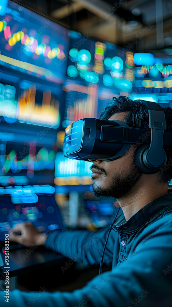 Photo Realistic Financial Analyst in High Tech Office with VR Headset and Data Visualization Concept Photo Realistic Financial Analyst in High Tech Office with VR Headset and Data Visualization Concept