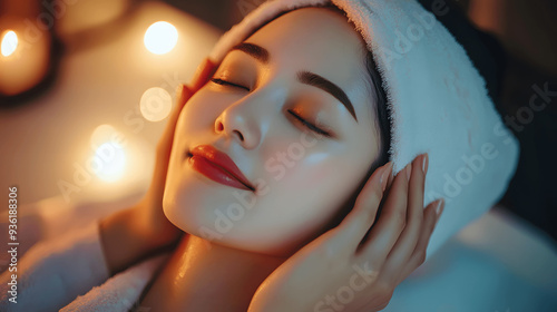 Asian woman in luxurious bathrobe enjoying facial massage, beauty salon, soothing light, soft background