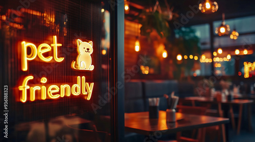 Pet-friendly restaurant neon sign on a window. A restaurant where animals are allowed. Pets are welcome here. photo