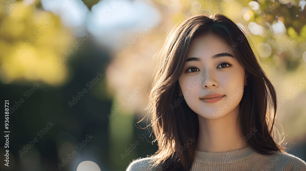 Asian woman in casual attire with varied facial expressions, blurred nature background Asian woman in casual attire with varied facial expressions, blurred nature background