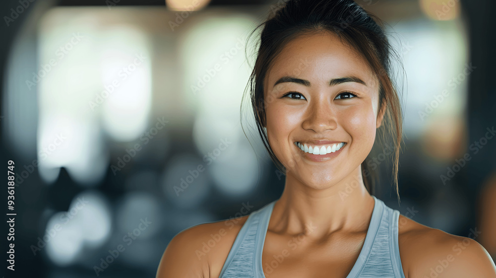 Asian woman in workout gear smiling confidently after workout, fitness studio, blurred background Asian woman in workout gear smiling confidently after workout, fitness studio, blurred background