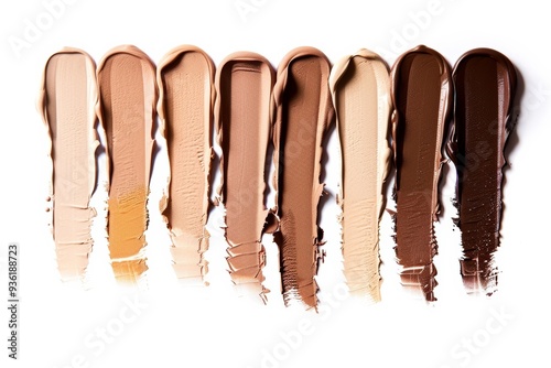 set of liquid foundation swatches on white background. top view beauty makeup beige and brown smear for different skin color. skincare cream smudge texture. Cosmetic make up sample isolated photo