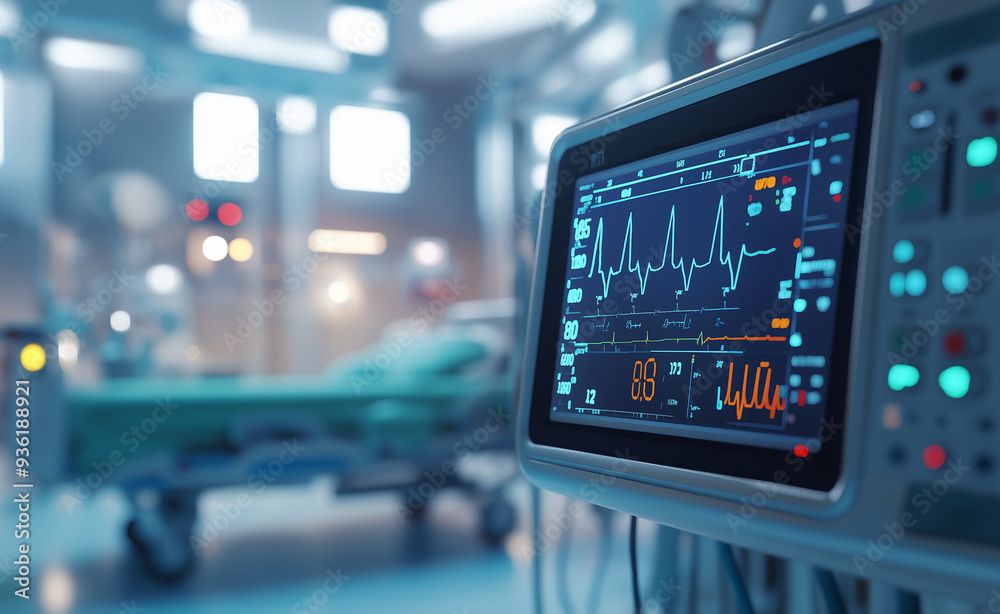 Medical monitor displaying vital signs in an ICU room. Medical monitor displaying vital signs in an ICU room.