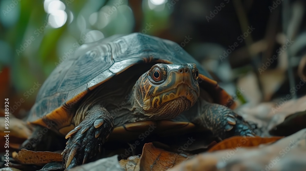 Obraz premium 4K Realistic Mata mata turtle ambushing fish, camouflaged in leaf litter,