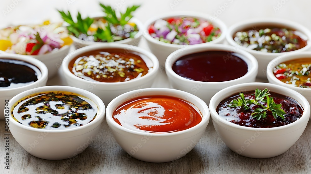 Assortment of Delicious Sauces in White Bowls Assortment of Delicious Sauces in White Bowls