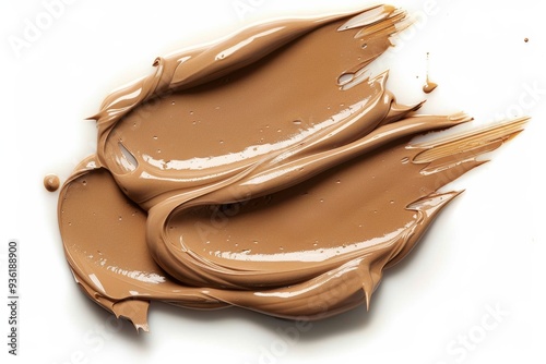 Liquid beige foundation swatch on white background. Light brown beauty makeup skin care texture cream smudge. Cosmetic make up sample isolated on white background