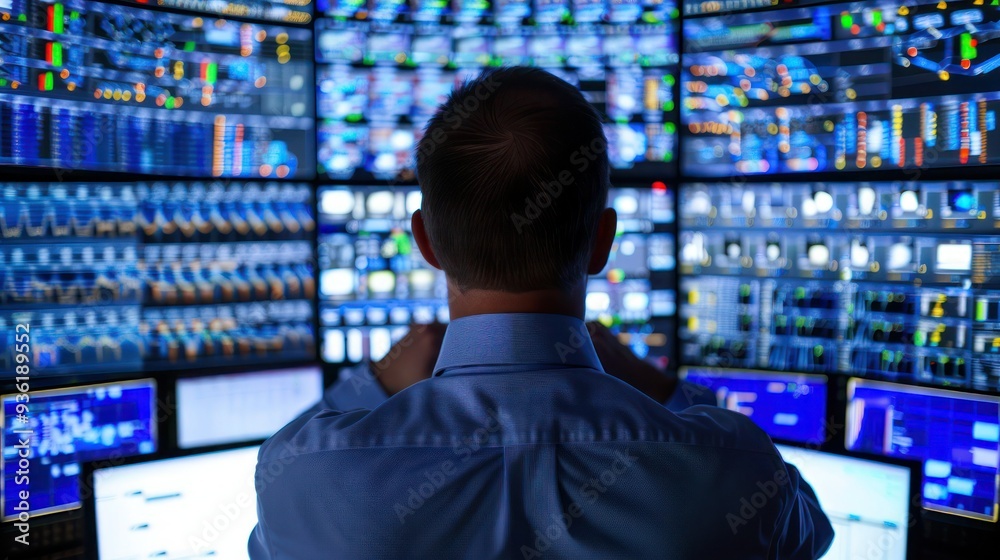 Cyber security analyst monitoring network traffic on multiple screens. Cyber security analyst monitoring network traffic on multiple screens.