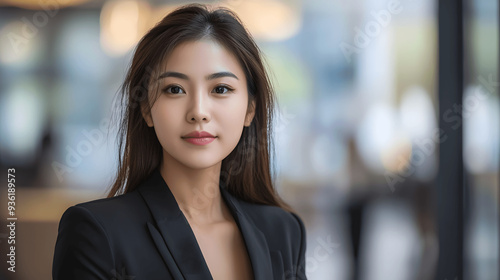 Confident Asian businesswoman with poised expression, against blurred office background Free Download Confident Asian businesswoman with poised expression, against blurred office background - GFXLoad