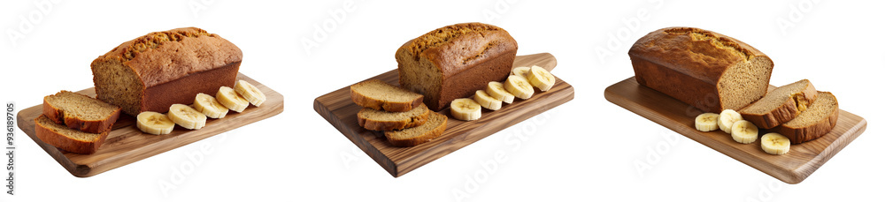 A loaf of banana bread with slices cut out on a wooden board isolated on transparent background A loaf of banana bread with slices cut out on a wooden board isolated on transparent background