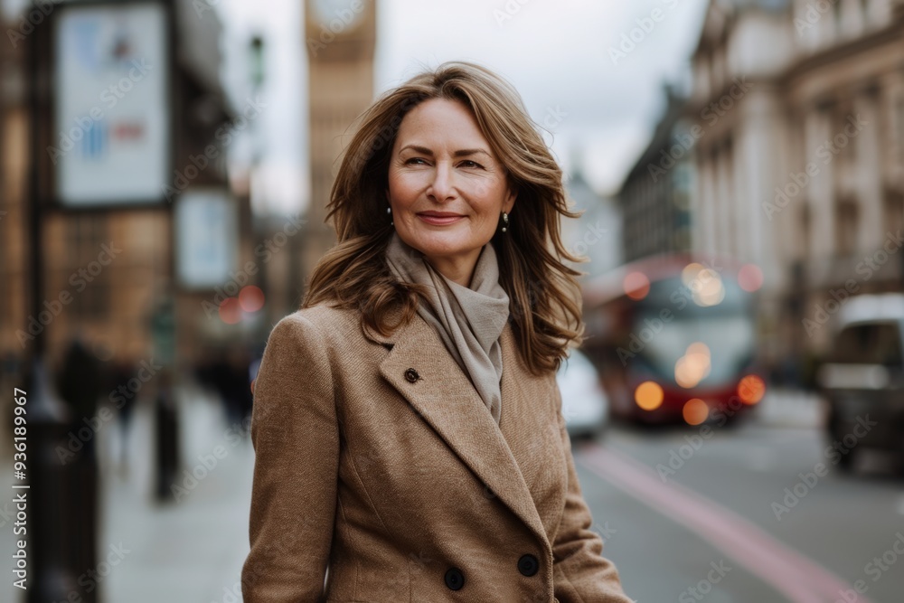 Fototapeta premium Elegant Woman in City Street at Dusk