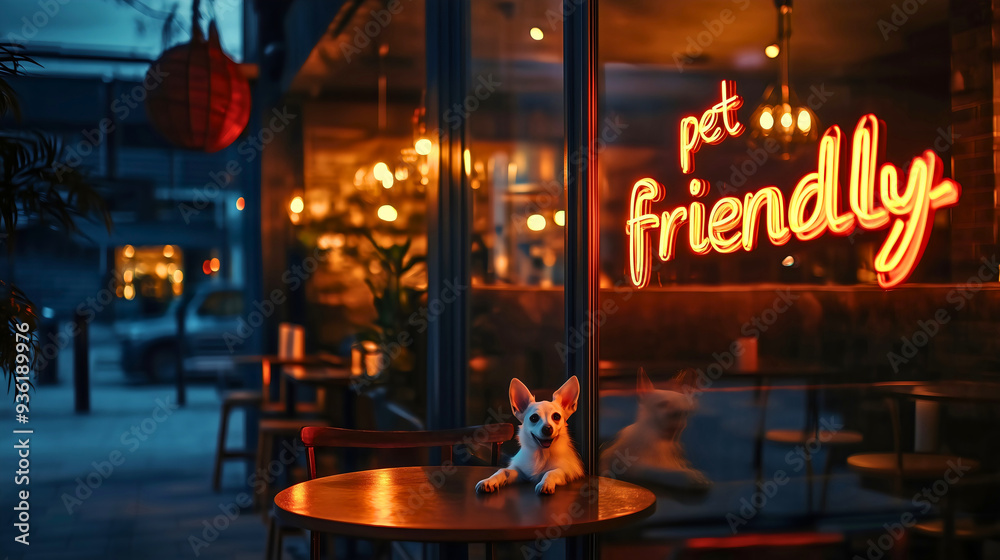 Pet-friendly restaurant neon sign on a window. A restaurant where animals are allowed. Pets are welcome here. Pet-friendly restaurant neon sign on a window. A restaurant where animals are allowed. Pets are welcome here.