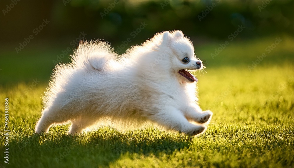 芝生の上を走っているポメラニアンの子犬（Pomeranian puppy running on the grass）
