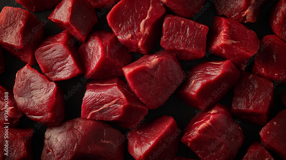 Close-up of raw beef cubes with rich red coloring. Close-up of raw beef cubes with rich red coloring.