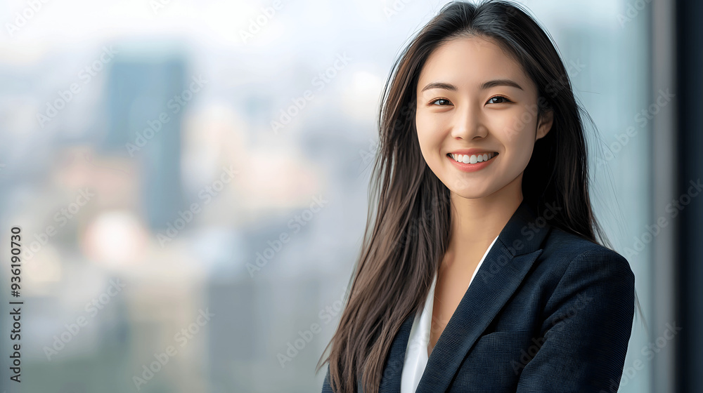 Young Asian businesswoman in suit smiling confidently, with blurred cityscape background Young Asian businesswoman in suit smiling confidently, with blurred cityscape background
