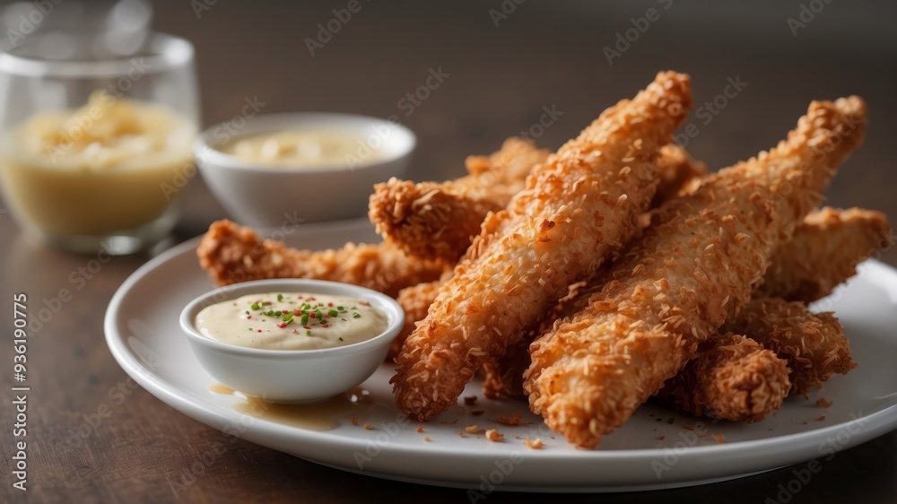 Crispy fried chicken tenders with dipping sauce on plate. Crispy fried chicken tenders with dipping sauce on plate.