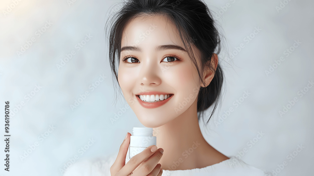 Young Asian woman with radiant smile holding skincare product, against light airy background Young Asian woman with radiant smile holding skincare product, against light airy background