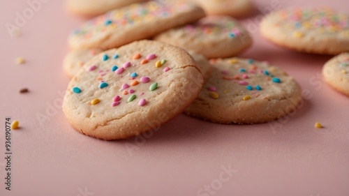 Sweet cookie with colorful sprinkles on pink surface. photo