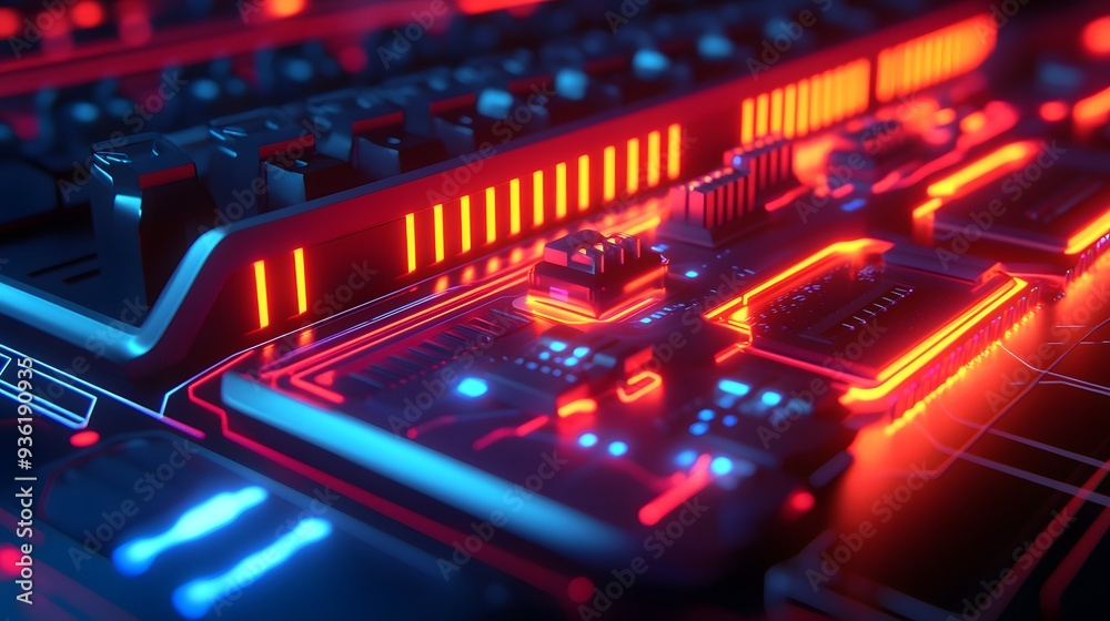 28. A 3D render of an advanced internet router with glowing data pathways and interactive controls 28. A 3D render of an advanced internet router with glowing data pathways and interactive controls