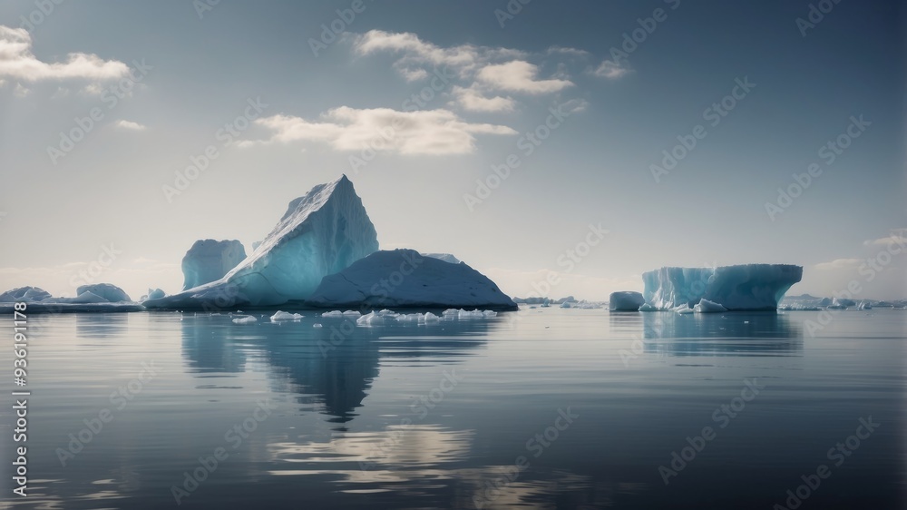 A large iceberg floats in a vast, icy ocean. A large iceberg floats in a vast, icy ocean.