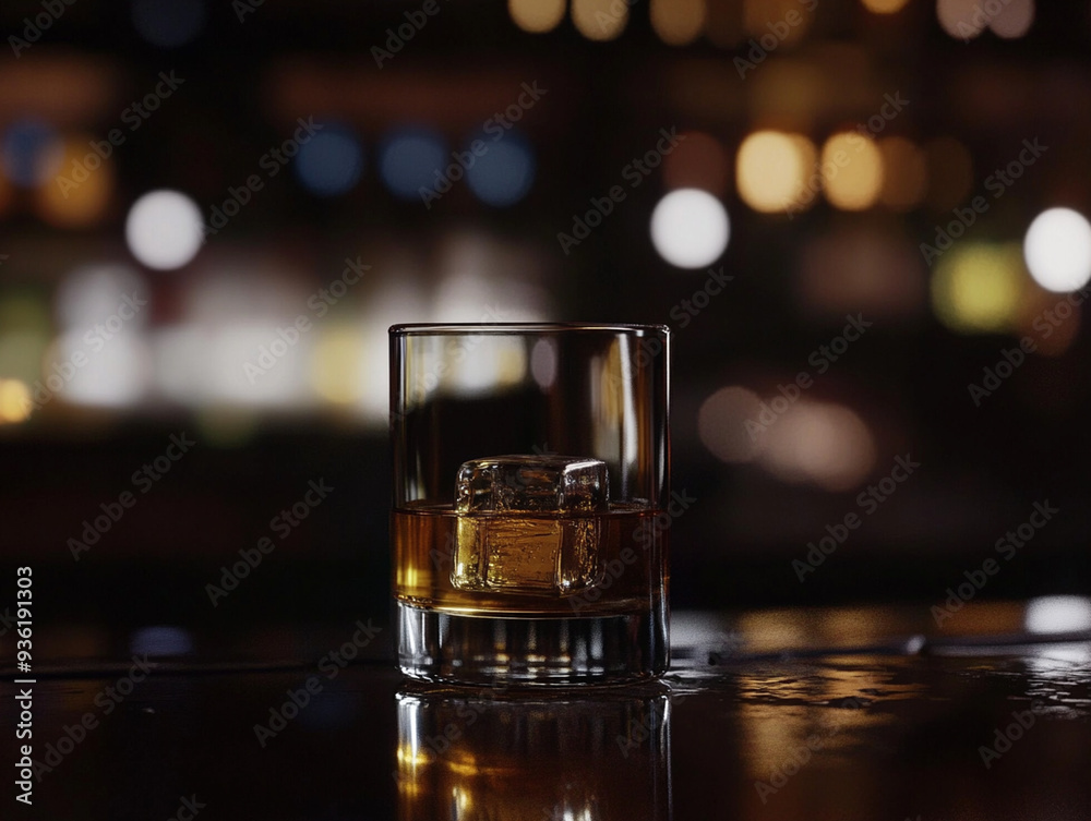 Single Glass of Whiskey with Ice on Dark Wooden Bar Counter.Drinking concept. Single Glass of Whiskey with Ice on Dark Wooden Bar Counter.Drinking concept.