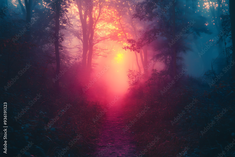 Enchanting Sunrise Through Misty Forest Pathway Enchanting Sunrise Through Misty Forest Pathway