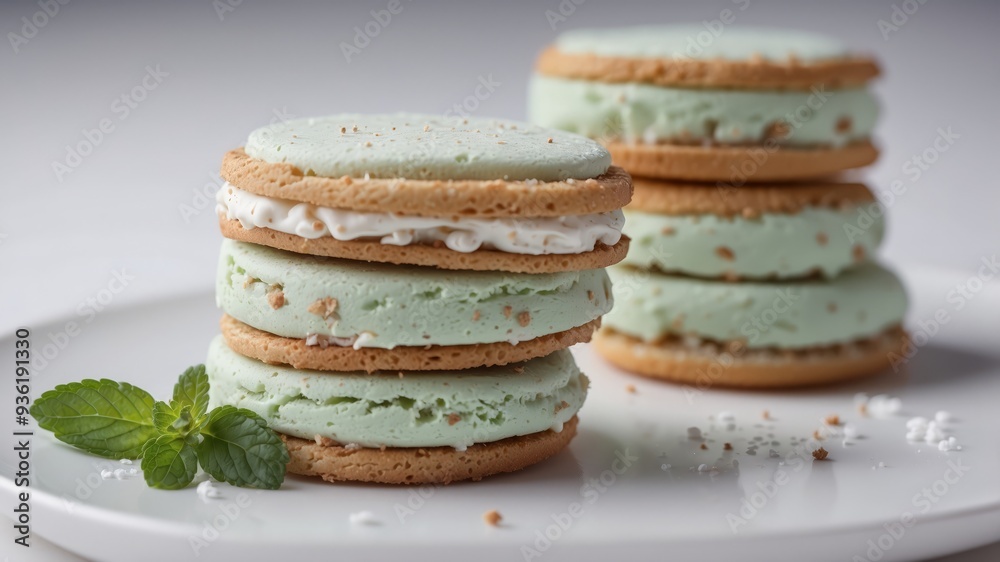 Mint ice cream sandwich on white plate, crumbs scattered. Mint ice cream sandwich on white plate, crumbs scattered.