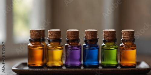 Soft focus on a tray of various essential oil bottles their labels ly discernible. photo