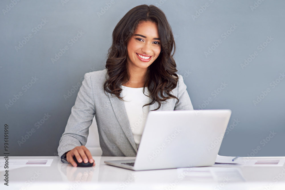 Portrait, accountant and woman with laptop, smile and finance clerk on gray studio background. Face, happy person and employee with pc, online system and revenue report with admin, joy and connection Portrait, accountant and woman with laptop, smile and finance clerk on gray studio background. Face, happy person and employee with pc, online system and revenue report with admin, joy and connection