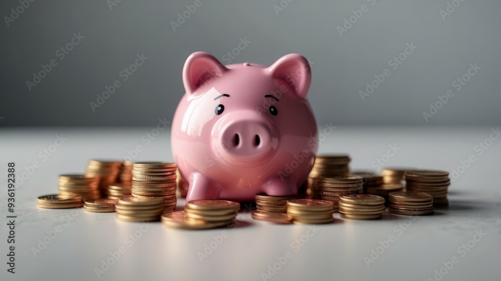 © DEER FLUFFY - Pink piggy bank with colorful coins floating around on a light background. © DEER FLUFFY - Pink piggy bank with colorful coins floating around on a light background.
