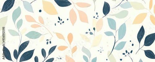 Hand-drawn seamless pattern of pastel-colored leaves and small flowers, creating a whimsical and fresh aesthetic