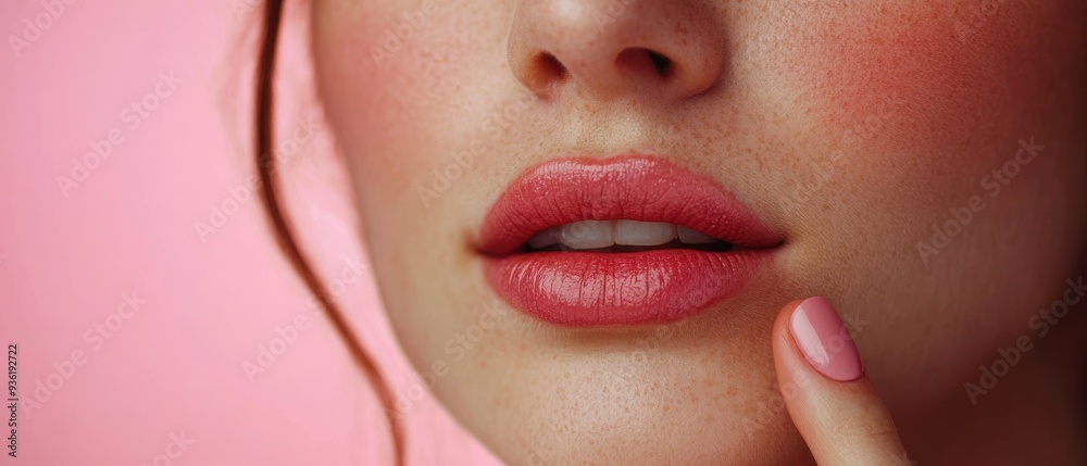 Obraz premium Close-up of a Woman's Lips with Pink Lipstick and Freckles