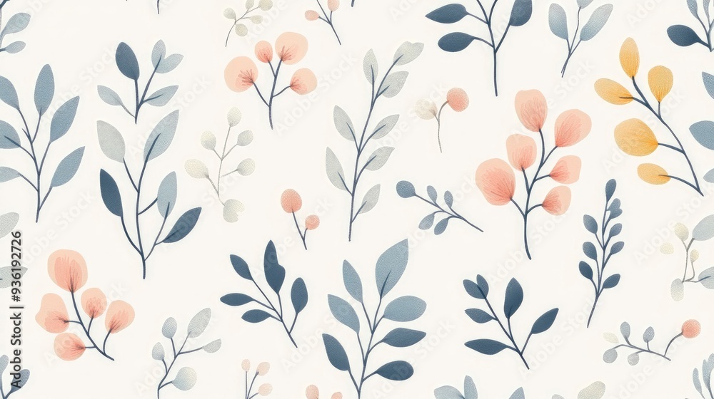 Hand-drawn seamless pattern of pastel-colored leaves and small flowers, creating a whimsical and fresh aesthetic Hand-drawn seamless pattern of pastel-colored leaves and small flowers, creating a whimsical and fresh aesthetic