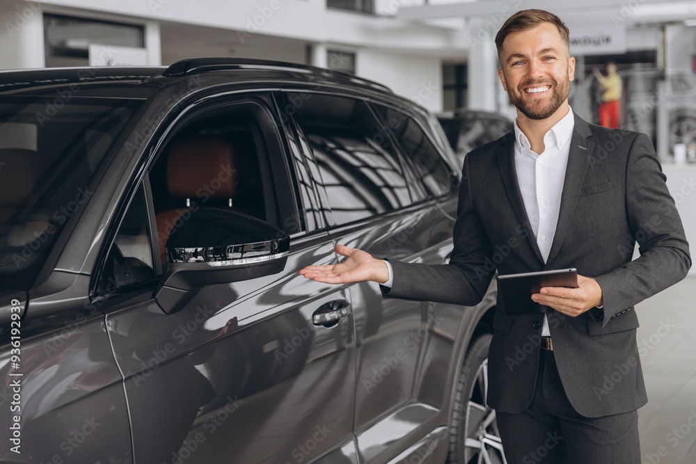 Smiling friendly car seller in suit standing in car salon and holding tablet. It's always pleasure to buy a car on a right place. Smiling friendly car seller in suit standing in car salon and holding tablet. It's always pleasure to buy a car on a right place.