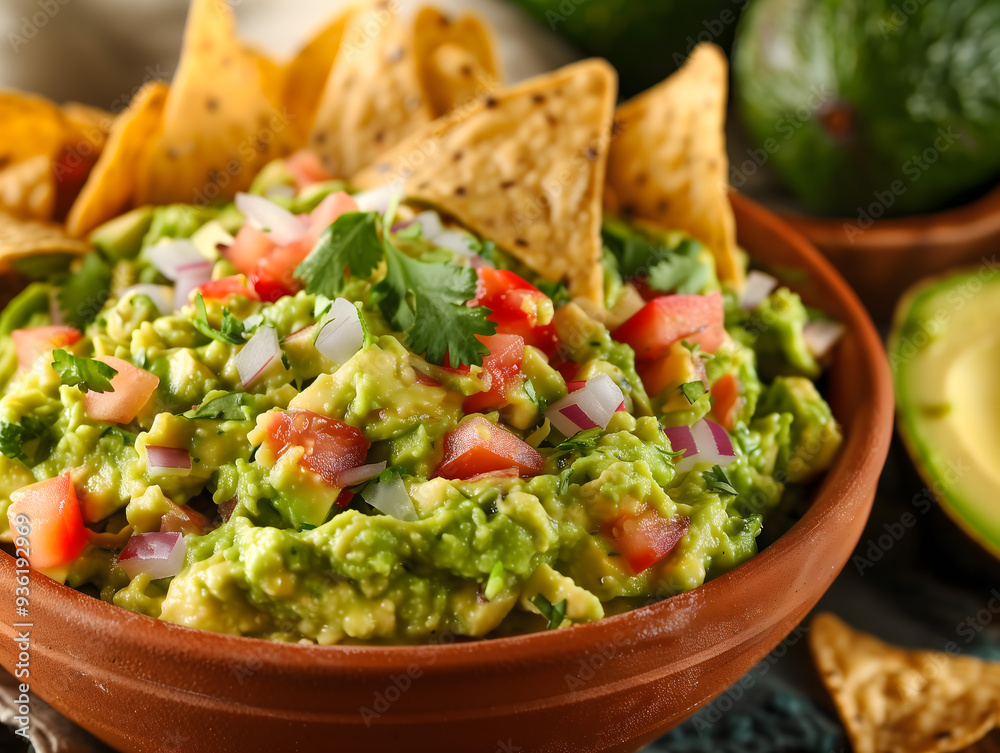 Fresh Homemade Guacamole in a Rustic Bowl with Tortilla Chips Fresh Homemade Guacamole in a Rustic Bowl with Tortilla Chips