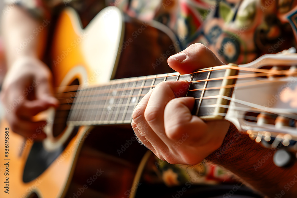 Fototapeta premium Intimate Moment of a Musician Mastering Guitar Chords