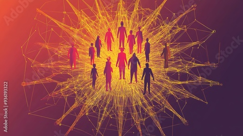 Large group of simple people shapes connected by lines