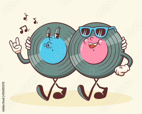 Groovy Vinil Retro Characters. Cartoon Music Disk Record Personage Walking, Whistling and Smiling. Vector Funny Disco Mascot Template. Happy Vintage Cool Illustration Isolated