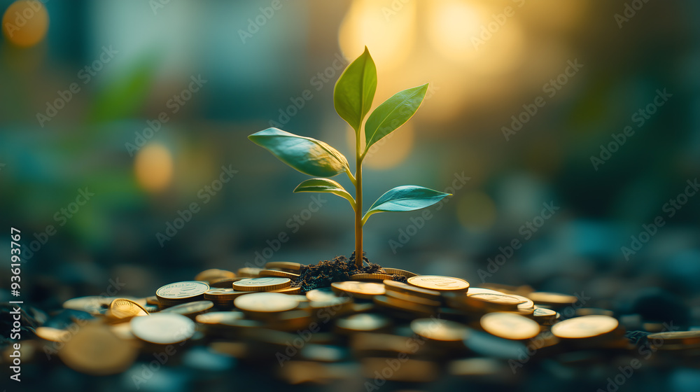 Investment Growth Concept - Young Plant Sprouting from Coins