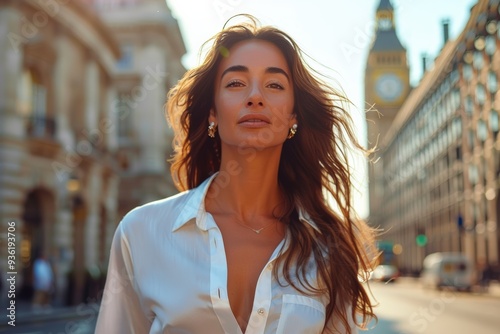 Stunning Woman in Morning Sunlight on City Street