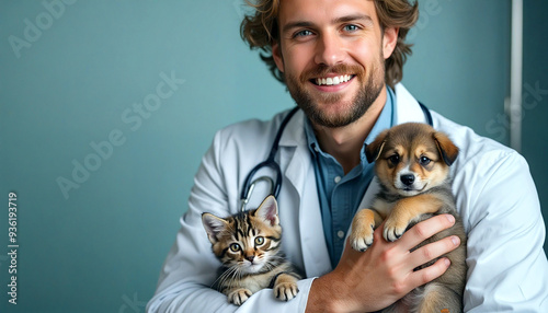 Veterinarian smiling and holding a kitten and puppy in a clinic