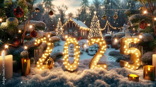 As soft snow blankets the ground, glowing numbers shine brightly, heralding the arrival of a new year amidst twinkling lights and holiday cheer