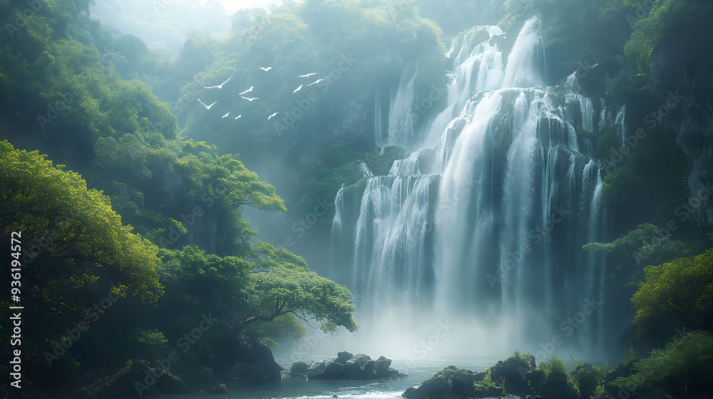 Mystical Sunlit Waterfall Amidst Lush Greenery