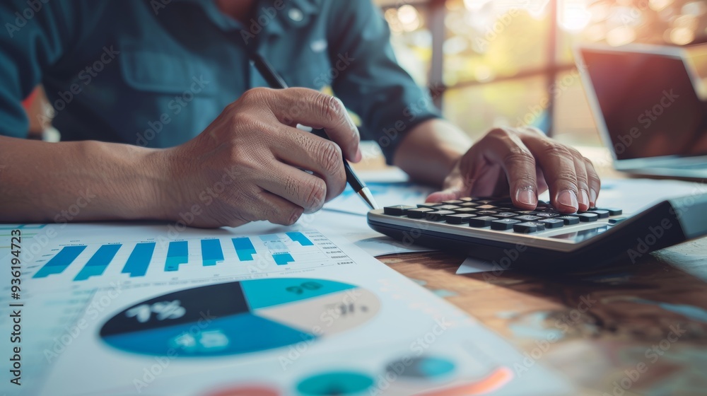 An accountant is working on a desk office financial graph and using a calculator to calculate the accounting, investment, and finance concepts. An accountant is working on a desk office financial graph and using a calculator to calculate the accounting, investment, and finance concepts.
