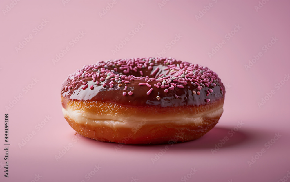 Delicious Chocolate Glazed Donut Sprinkled with Pink Candy on Pastel Background Delicious Chocolate Glazed Donut Sprinkled with Pink Candy on Pastel Background