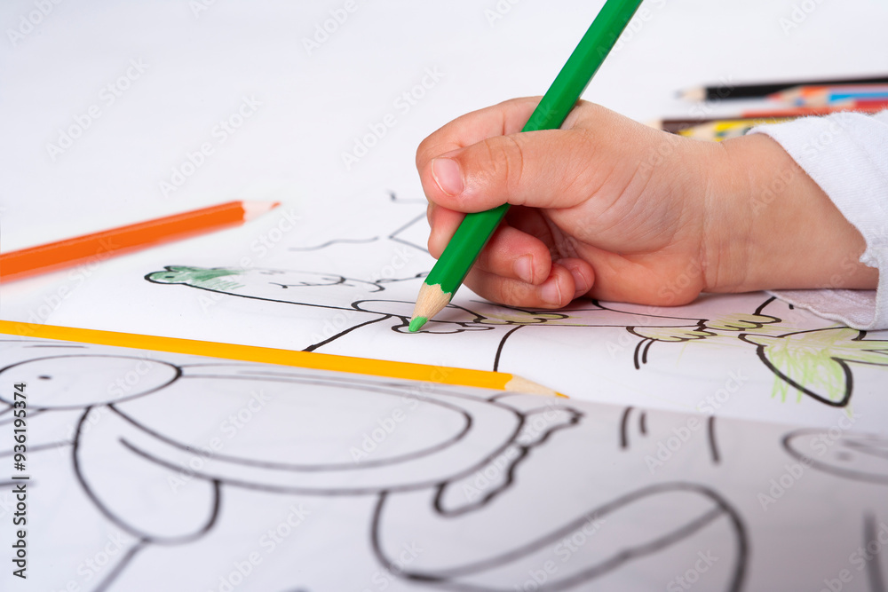 Childs hand with a green pencil working in a coloring book close up
