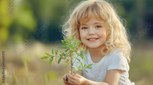 Little girl holding a small plant in a forest