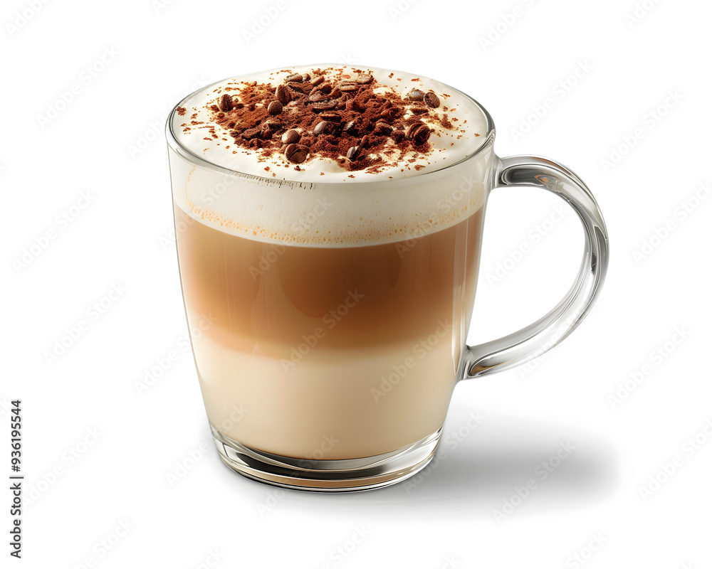 Delicious Layered Cappuccino with Chocolate Shavings in Clear Glass Delicious Layered Cappuccino with Chocolate Shavings in Clear Glass